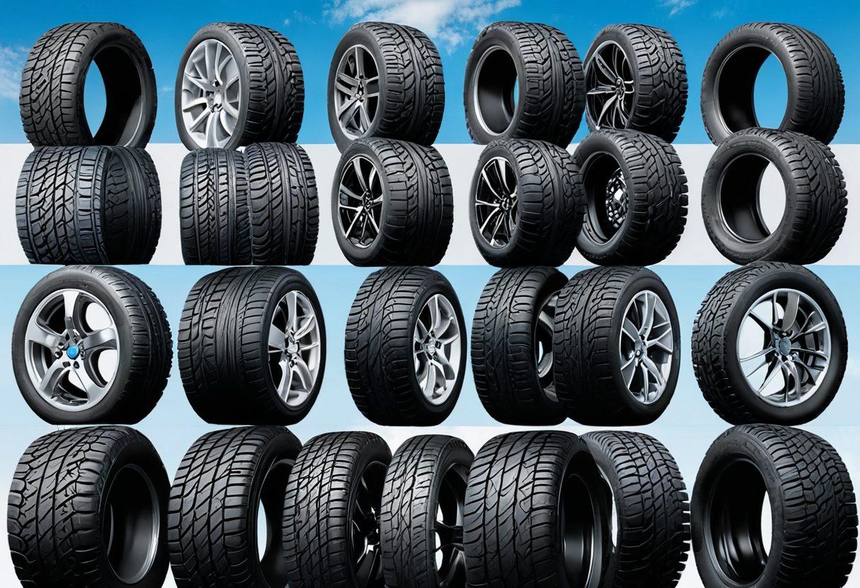A vibrant collage showcasing various tire brands, each tire displayed with its unique features highlighted. In the background, a winding road disappears into a bright blue sky representing freedom and adventure. Include a large magnifying glass focusing on a few tire tread patterns to symbolize evaluation and comparison. Add elements like a speedometer and a checklist for a dynamic feel. super-realistic. vibrant colors. white background.