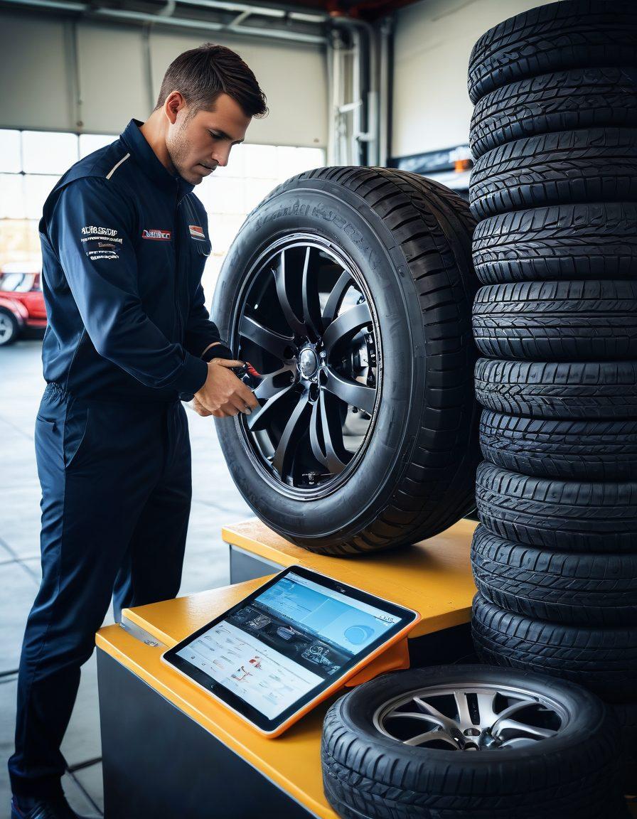 A detailed display of various tire types on a sleek racing track, highlighting different tread patterns and rubber textures. Include a knowledgeable mechanic examining a tire with a digital tablet, surrounded by tire tools and charts. The background features a sunny day with blurred cars driving by, conveying speed and efficiency. Add elements of tire care tips and expert assessments in the air as visual icons. vibrant colors. super-realistic.