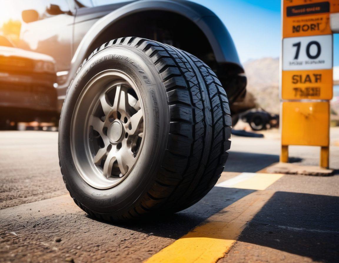A dynamic composition featuring a close-up of a tire with intricate tread patterns displaying wear and tear, placed next to a road sign indicating safety tips. In the background, a mechanic's tools and a checklist for tire upkeep, symbolizing maintenance. Bright sunlight to emphasize clarity and detail. The scene should evoke a sense of professionalism and expertise in tire care. super-realistic. vibrant colors. white background.